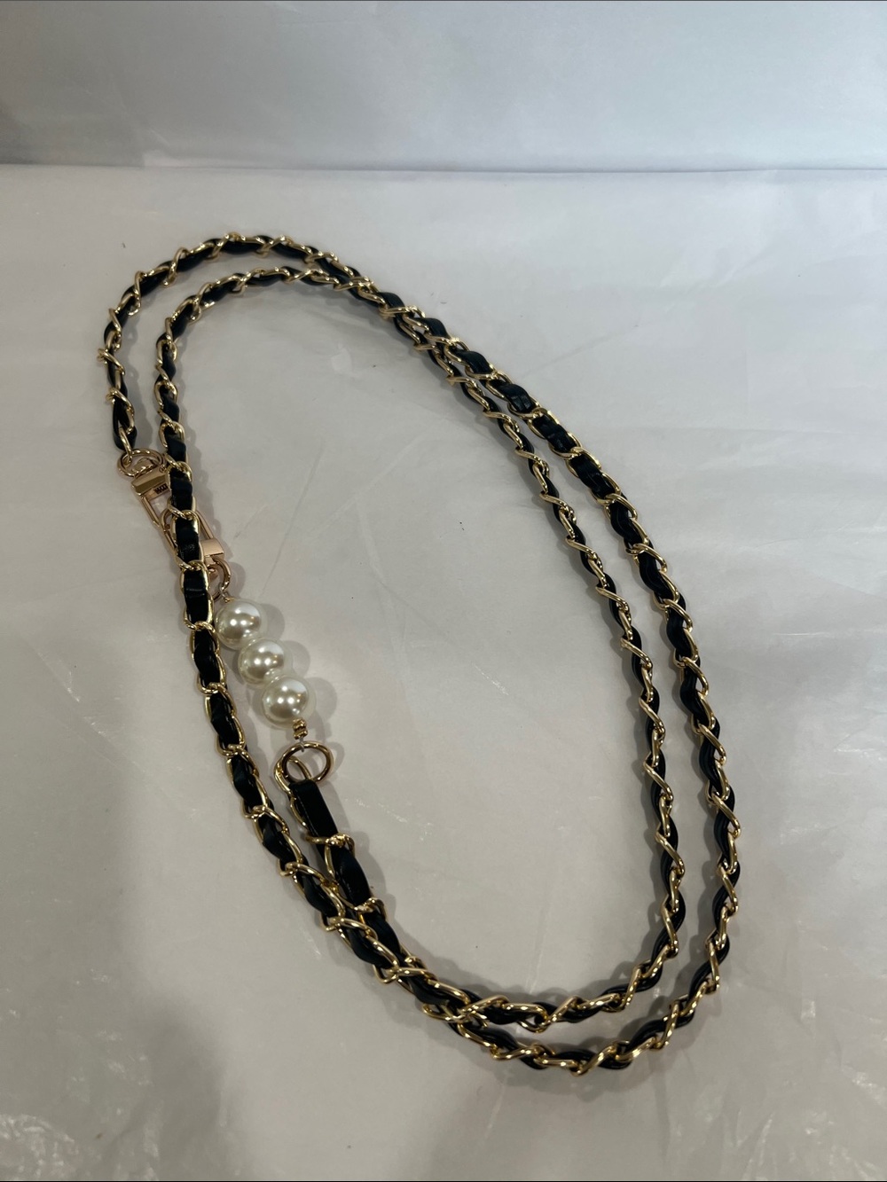 Black and Gold Chain Strap with Pearl Accent - Women's Jewelry